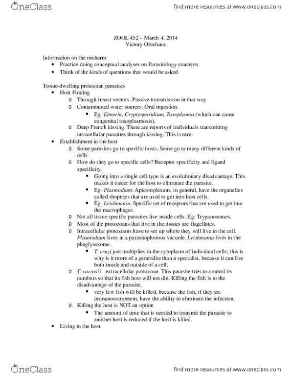 ZOOL452 Lecture Notes - Eimeria, Immunocompetence, Toxoplasma Gondii thumbnail