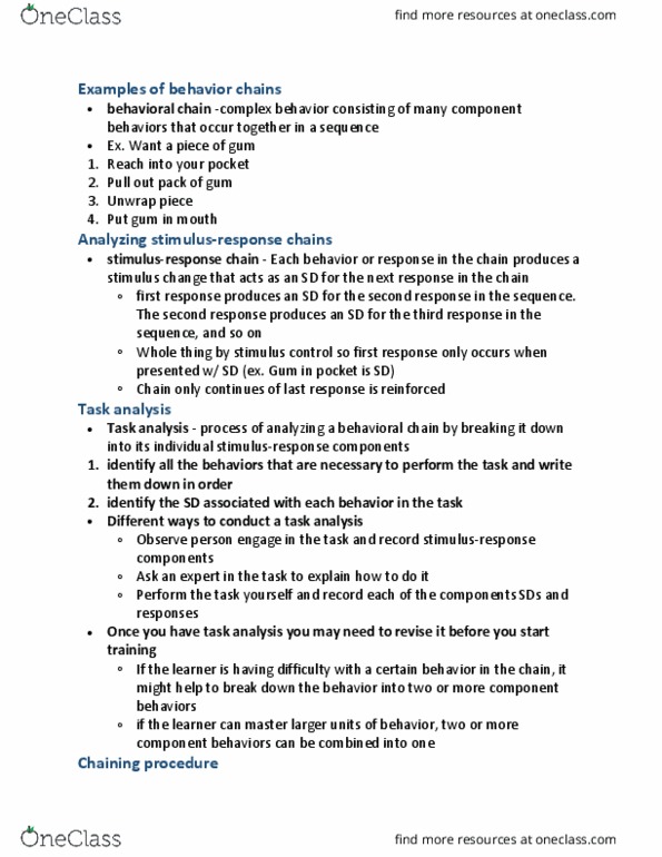 PSYCO282 Chapter Notes - Chapter 11: Task Analysis, Chain Complex, Stimulus Control thumbnail