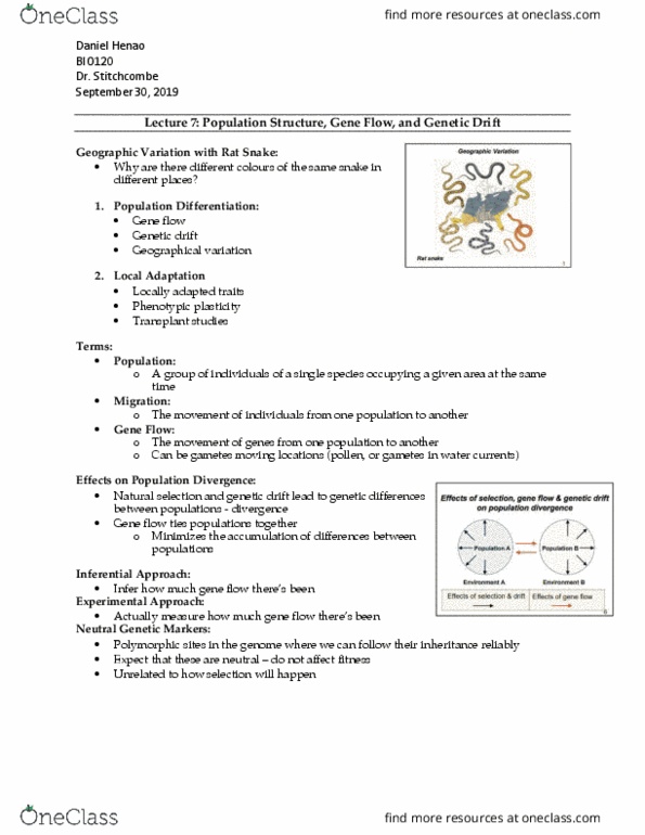 BIO120H1 Lecture Notes - Lecture 7: Genetic Drift, Gene Flow, Phenotypic Plasticity thumbnail