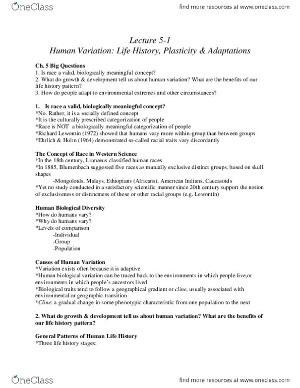 ANP 201 Lecture Notes - Lecture 5: Richard Lewontin, Deciduous Teeth, Phenotypic Plasticity thumbnail