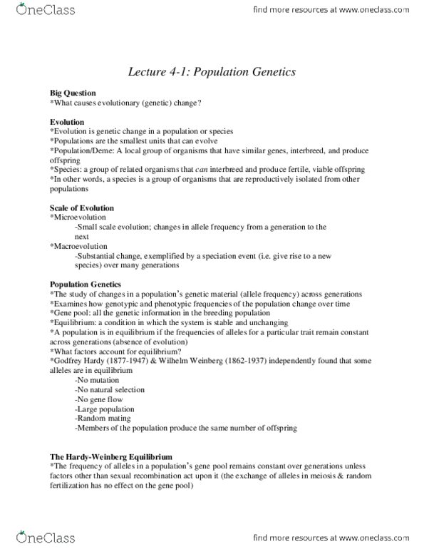 ANP 201 Lecture Notes - Lecture 4: G. H. Hardy, Wilhelm Weinberg, Genotype Frequency thumbnail
