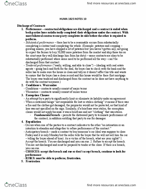 HUMA 1825 Lecture Notes - Lecture 10: Fundamental Breach, Specific Performance, Quantum Meruit thumbnail
