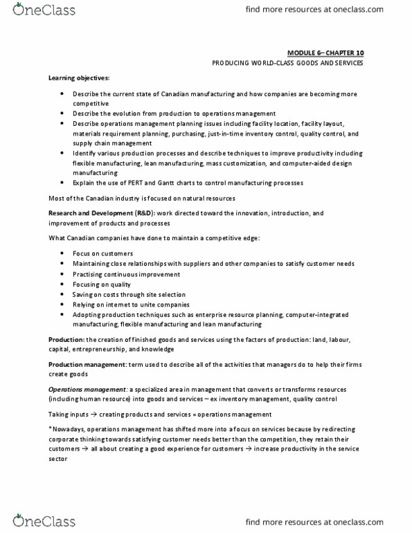 AFM131 Chapter Notes - Chapter 10: Lean Manufacturing, Operations Management, Mass Customization thumbnail