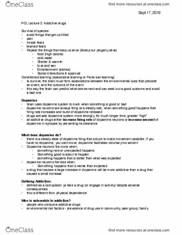 PCL200H1 Lecture Notes - Lecture 2: Μ-Opioid Receptor, Reinforcement, Nicotine thumbnail