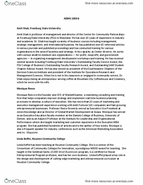 ADMS 1000 Lecture Notes - Lecture 6: Houston Community College, Frostburg State University, Amit Shah thumbnail