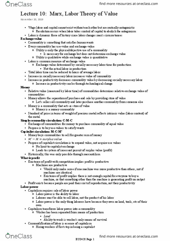 ECO428H1 Lecture Notes - Lecture 10: Labour Power, Precious Metal, Wage Labour thumbnail