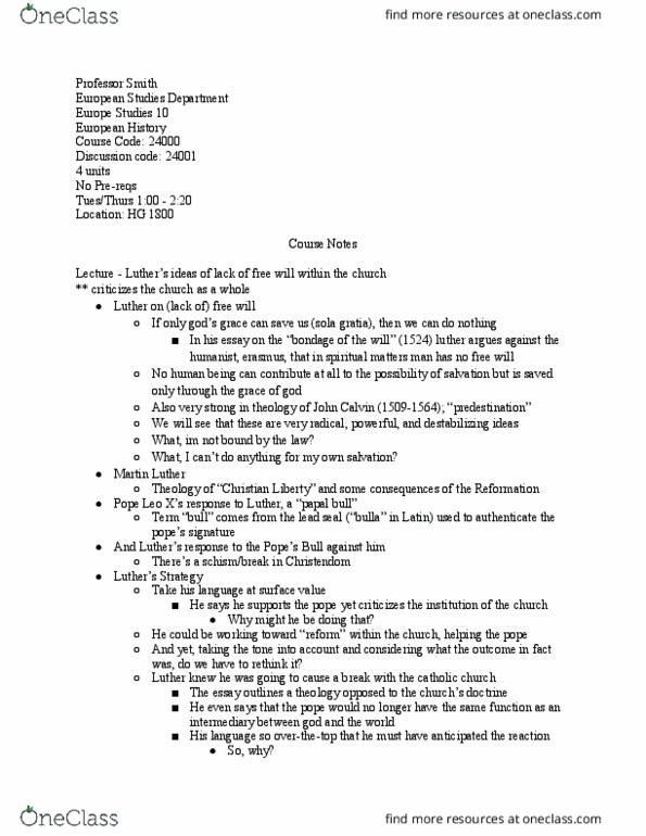 EURO ST 10 Chapter Notes - Chapter 1: Sola Gratia, Adiaphora, John Calvin thumbnail