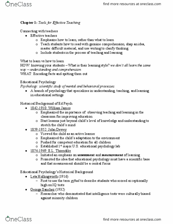 PSYC 201 Lecture Notes - Lecture 1: Leta Stetter Hollingworth, Educational Psychology, John Dewey thumbnail