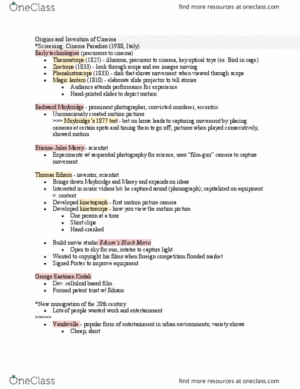 RTF 306 Lecture Notes - Lecture 1: Eadweard Muybridge, Cinema Paradiso, Magic Lantern thumbnail