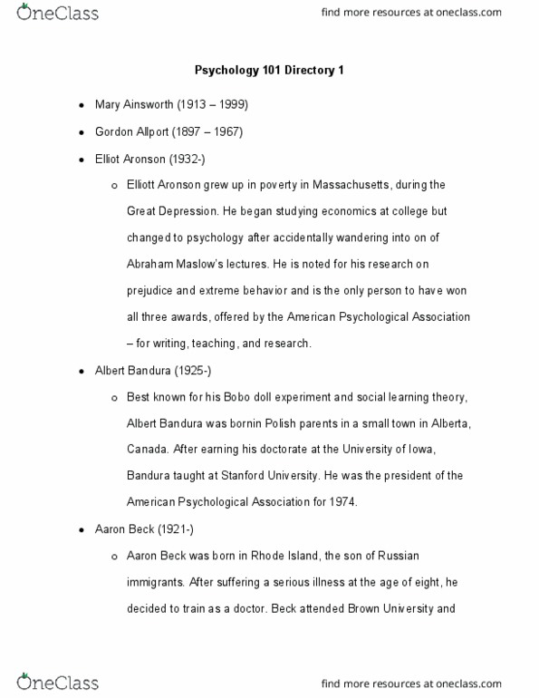 PSYC-101 Chapter Notes - Chapter Directory: Aaron T. Beck, American Psychological Association, Albert Bandura thumbnail