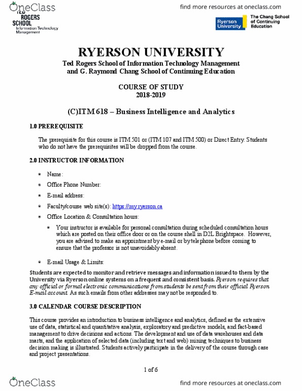 ITM 618 Lecture Notes - Lecture 1: Ryerson University, Data Mart, Business Analytics thumbnail