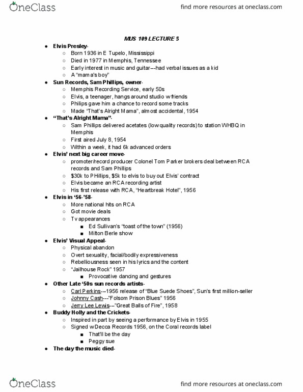 MUS 109 Lecture Notes - Lecture 5: Colonel Tom Parker, Decca Records, Coral Records thumbnail