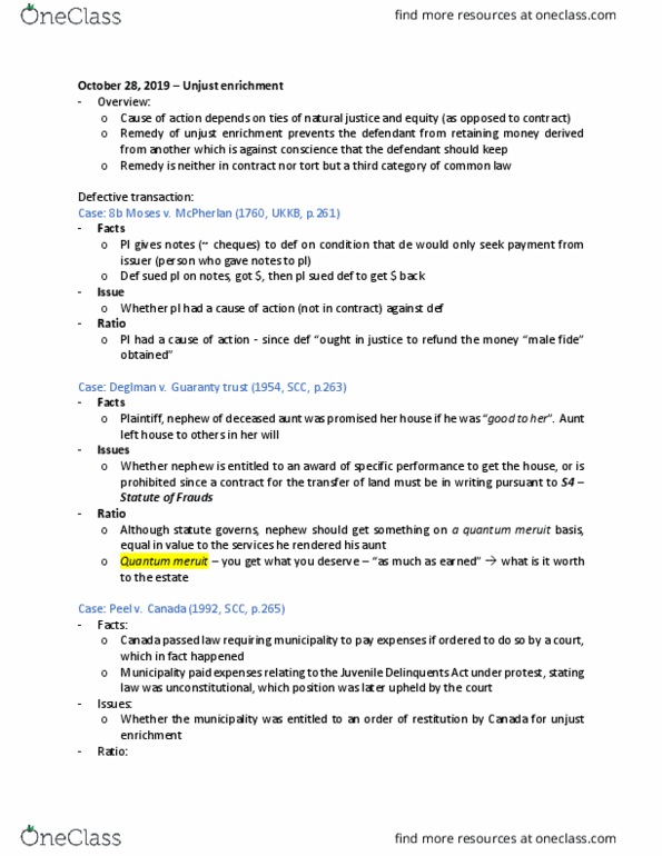 LAWS 2202 Lecture Notes - Lecture 8: Quantum Meruit, Natural Justice, Specific Performance thumbnail