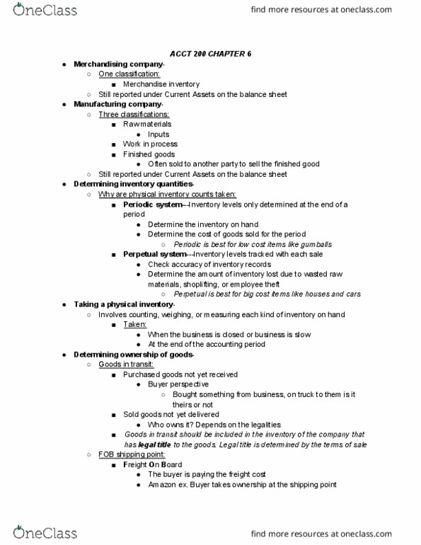 ACCT 200 Lecture Notes - Lecture 6: Finished Good, Shoplifting, European Cooperation In Science And Technology thumbnail