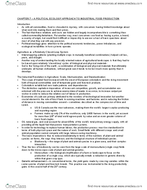 SOC 808 Chapter Notes - Chapter 7: Soil Fertility, Food Miles, Vegetable Oil thumbnail