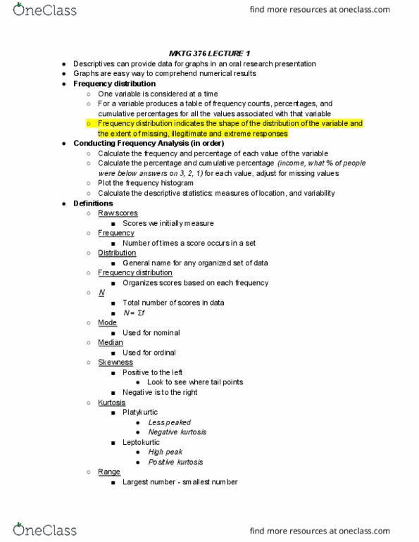 MKTG 376 Lecture Notes - Lecture 1: Frequency Distribution, Descriptive Statistics, Normal Distribution thumbnail