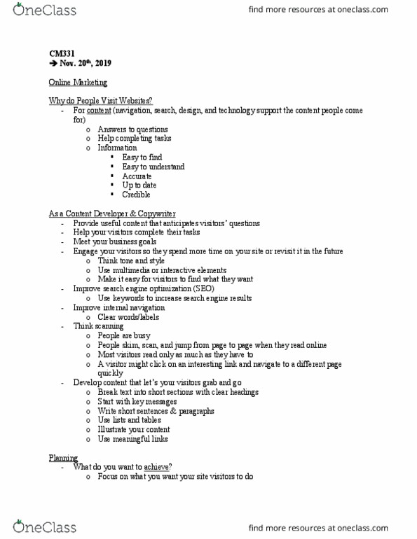 COM CM 331 Lecture Notes - Lecture 12: Search Engine Optimization, Web Analytics, Product Type thumbnail