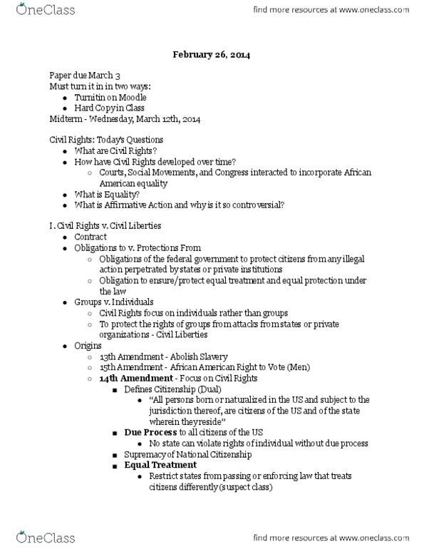 POLSCI 101 Lecture Notes - Fifteenth Amendment To The United States Constitution, Fourteenth Amendment To The United States Constitution, Voting Rights Act Of 1965 thumbnail