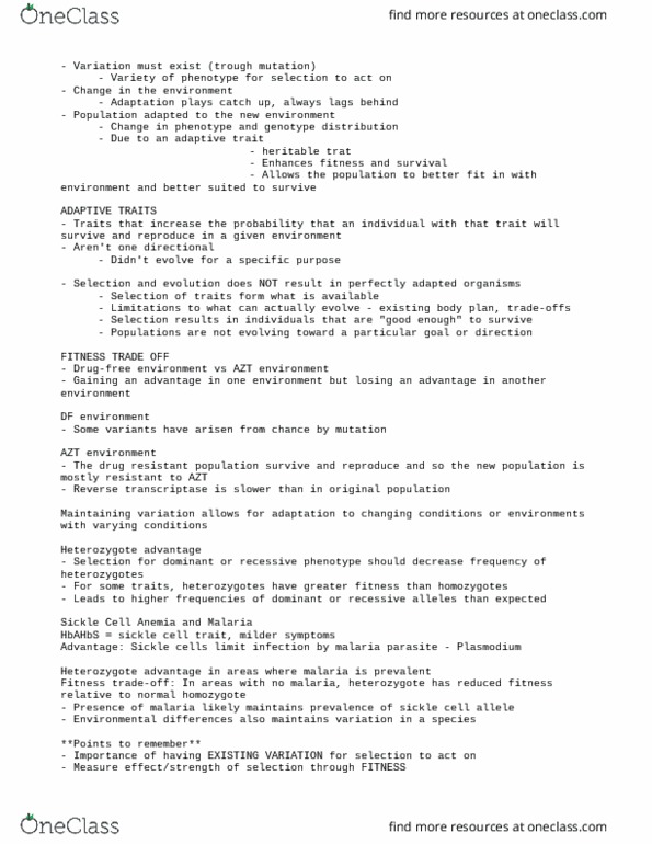 Biology 1201A Lecture Notes - Lecture 3: Heterozygote Advantage, Sickle-Cell Disease, Reverse Transcriptase thumbnail