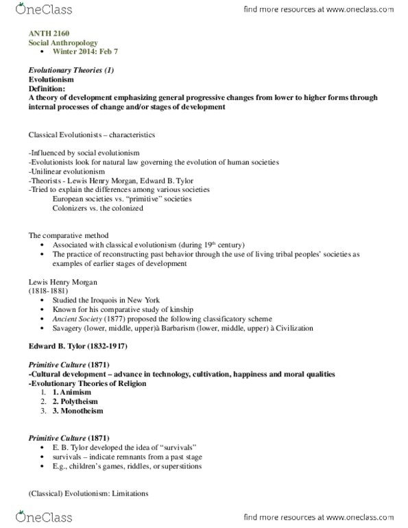 ANTH 2160 Lecture Notes - Evolutionism, Trans-Cultural Diffusion, Ethnocentrism thumbnail