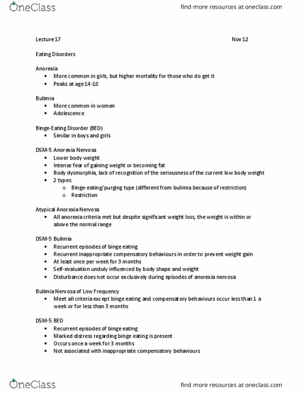 PSYC 399 Lecture Notes - Lecture 17: Binge Eating, Bulimia Nervosa, Weight Gain thumbnail