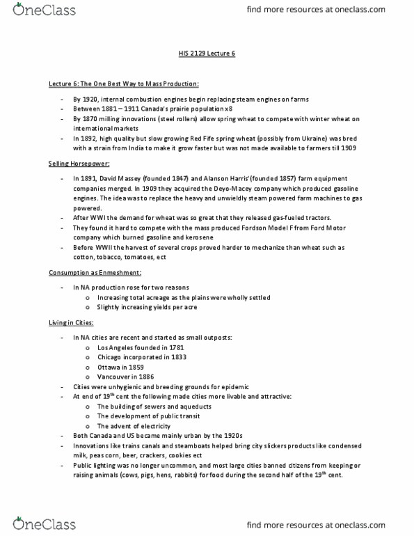 HIS 2129 Lecture Notes - Lecture 6: Winter Wheat, Condensed Milk, Internal Combustion Engine thumbnail