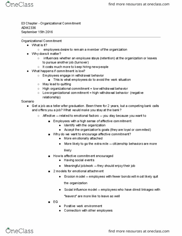 ADM 2336 Lecture Notes - Lecture 3: Organizational Commitment, Onboarding, Social Influence thumbnail