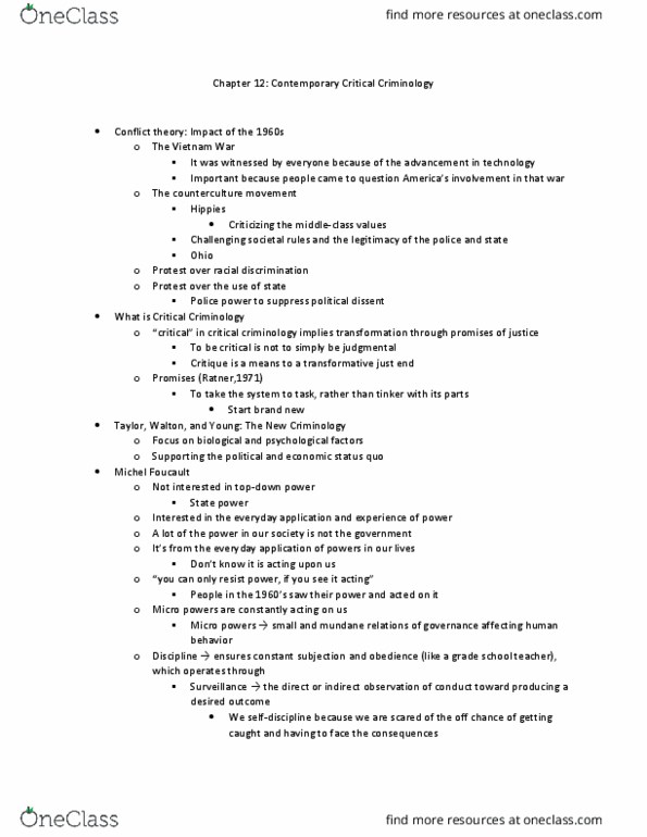 SOC225 Lecture Notes - Lecture 24: Critical Criminology, Michel Foucault, Conflict Theories thumbnail