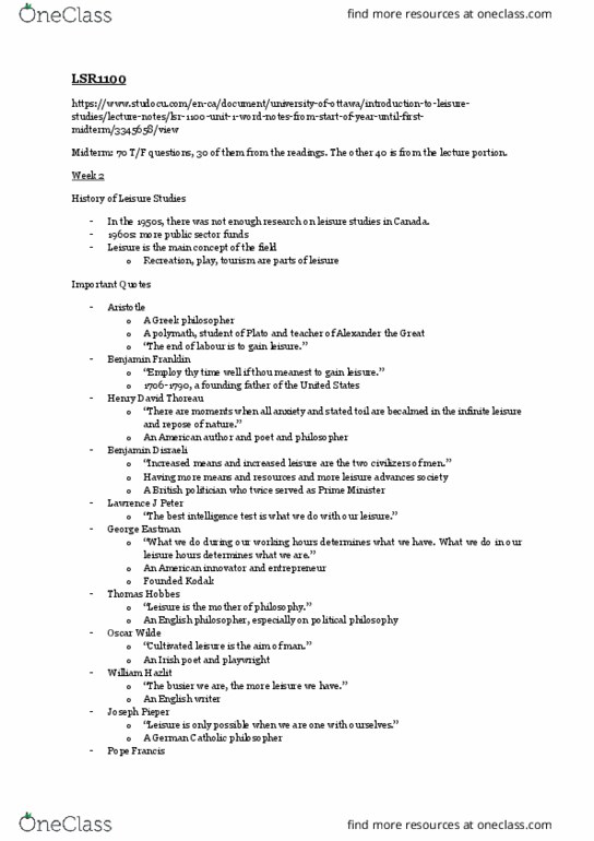 LSR 1100 Lecture Notes - Lecture 1: Henry David Thoreau, Benjamin Disraeli, Leisure Studies thumbnail
