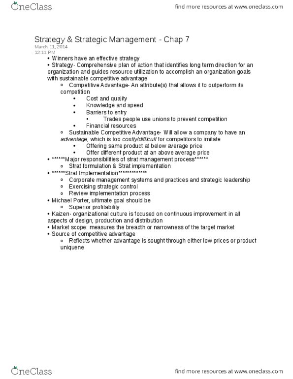 MKT 504 Lecture Notes - Organizational Culture, Kaizen, Management System thumbnail