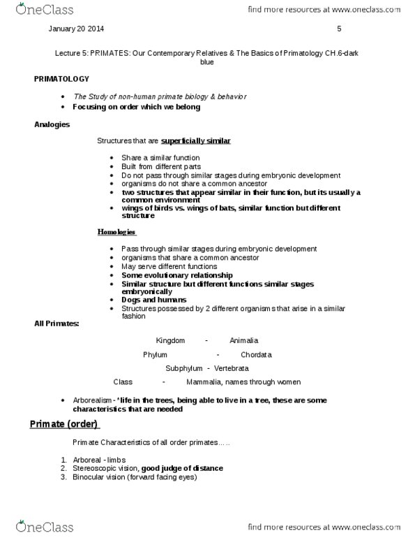 ANT101H5 Lecture Notes - Lecture 5: Foramen Magnum, Grooming Claw, Fovea Centralis thumbnail