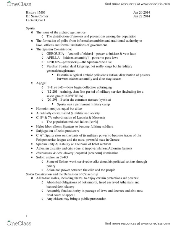 HISTORY 1M03 Lecture Notes - Syssitia, Crypteia, Agoge thumbnail