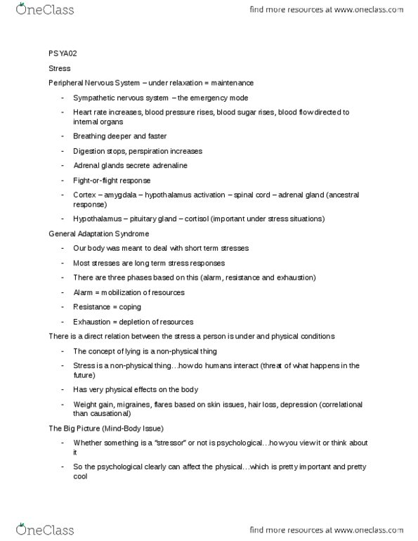 PSYA02H3 Lecture Notes - Stress (Biology), Adrenal Gland, Sympathetic Nervous System thumbnail