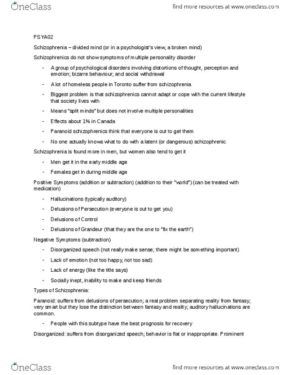 PSYA02H3 Lecture Notes - Lecture 16: Dissociative Identity Disorder, Schizophrenia, Chlorpromazine thumbnail