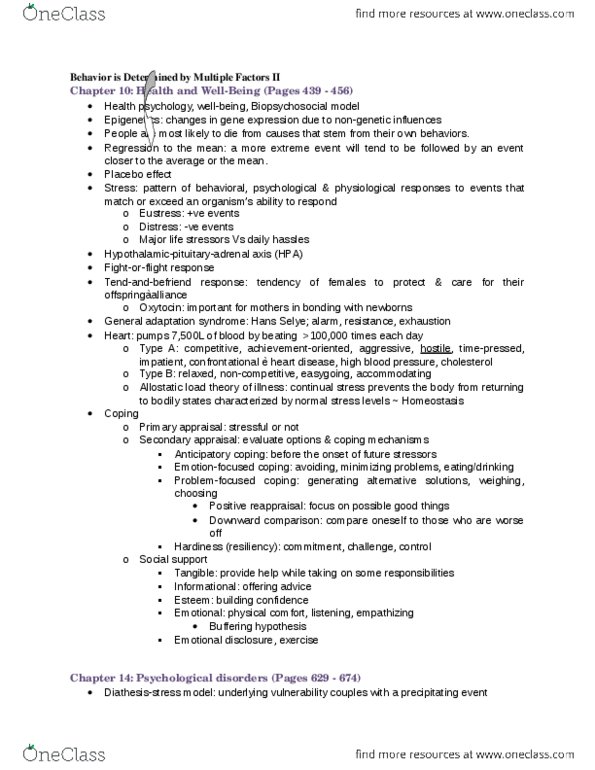 PSY100H1 Chapter Notes -Allostatic Load, Hans Selye, Biopsychosocial Model thumbnail