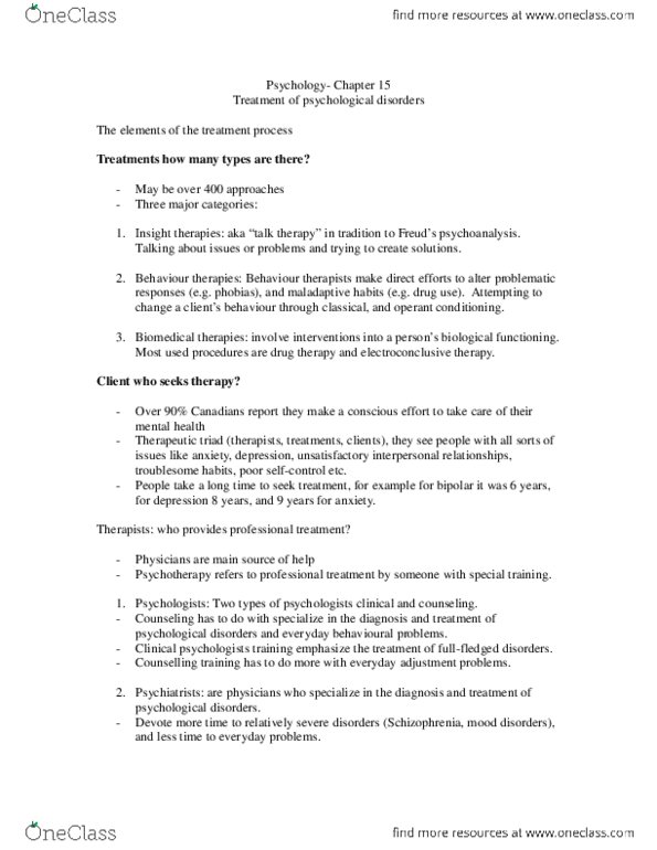 PSYC 1010 Chapter Notes - Chapter 15: Psychoanalysis, Schizophrenia, Thioridazine thumbnail
