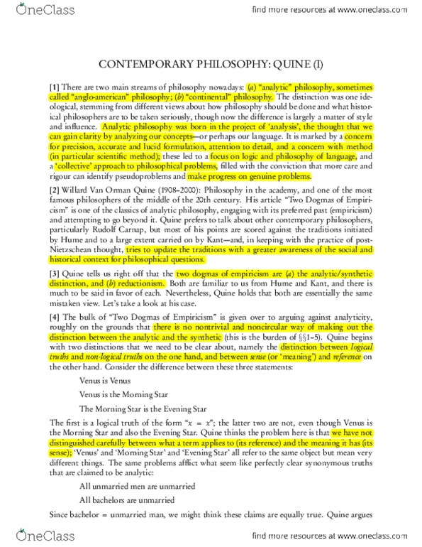 PHL100Y1 Lecture Notes - Willard Van Orman Quine, Rudolf Carnap, Logical Truth thumbnail