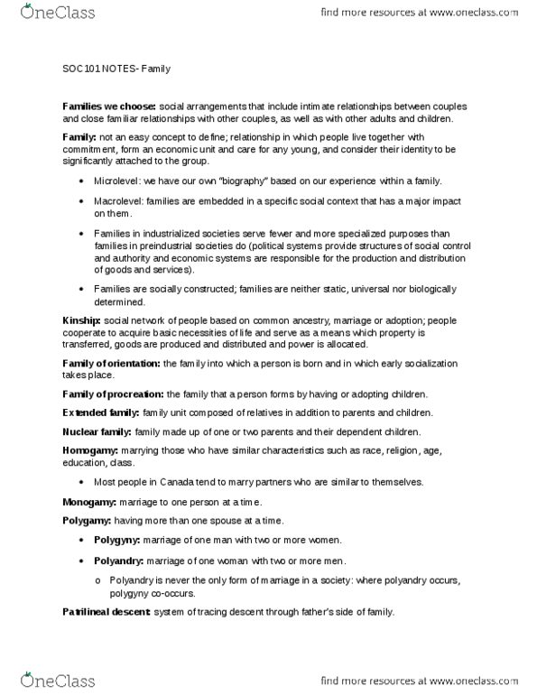 SOC101Y1 Chapter Notes -Patrilineality, Bilateral Descent, Nuclear Family thumbnail