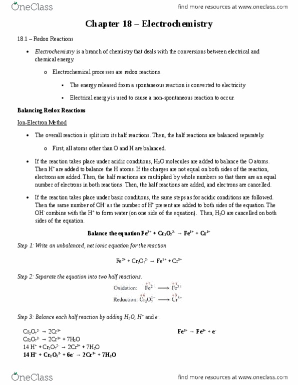 CHEM 1F92 Chapter Notes - Chapter 18: Electrochemistry, Electrical Energy, Chemical Equation thumbnail