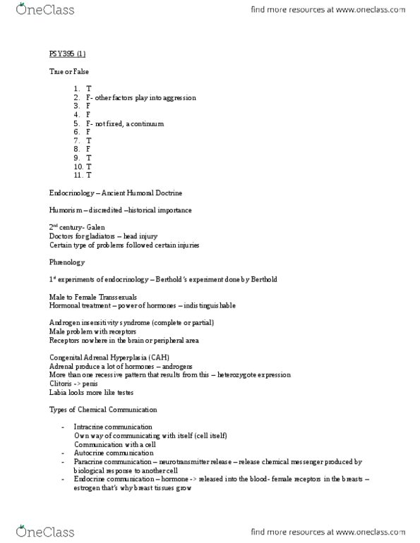 PSY395H5 Lecture Notes - Hormone Therapy, Intracrine, Hyperplasia thumbnail