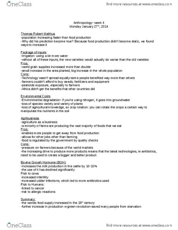 ANTHROP 2AN3 Lecture Notes - Lecture 4: Thomas Robert Malthus, Bovine Somatotropin, Nervous System Disease thumbnail