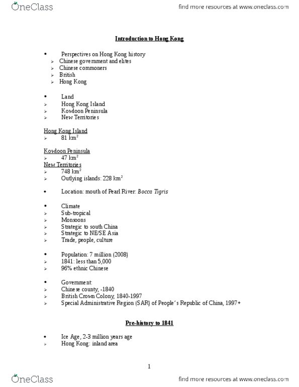 HIS385H1 Lecture Notes - Special Administrative Regions Of China, British Hong Kong, Humen thumbnail