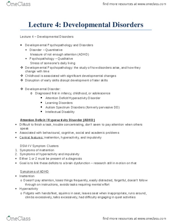 PSYC 3140 Lecture Notes - Oppositional Defiant Disorder, Pervasive Developmental Disorder, Autism Spectrum thumbnail