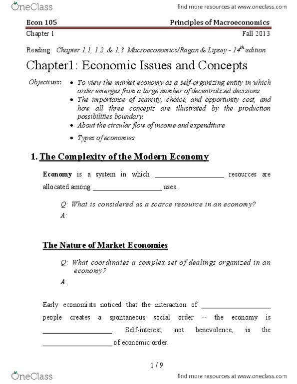 ECON 105 Chapter Notes - Chapter 1: Opportunity Cost, Mixed Economy, Noodle thumbnail