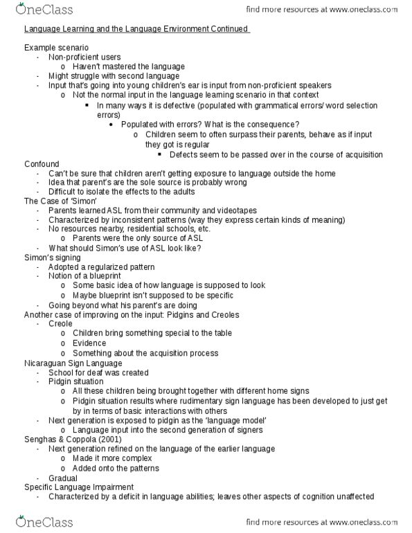 PSY315H5 Lecture Notes - Lecture 7: Specific Language Impairment, Nicaraguan Sign Language, Language Disorder thumbnail