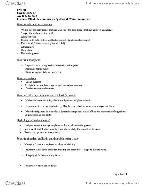 ENV100Y5 Lecture : Lectures 34 & 35 - Freshwater Systems & Water Resources.docx thumbnail