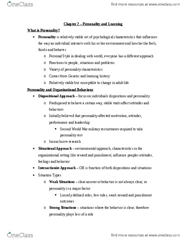 Management and Organizational Studies 2181A/B Chapter Notes - Chapter 2: Big Five Personality Traits, Neuroticism, Agreeableness thumbnail