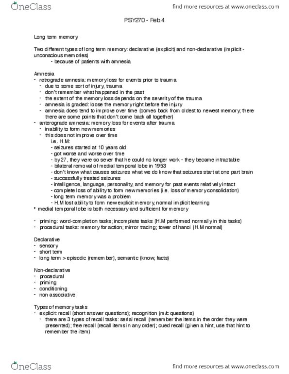 PSY270H5 Lecture Notes - Temporal Lobe, Anterograde Amnesia, Retrograde Amnesia thumbnail