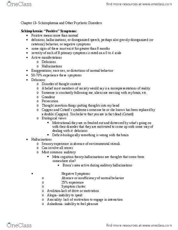 PSY 240 Chapter Notes - Chapter 13: Thought Disorder, Psychosis, Schizoaffective Disorder thumbnail