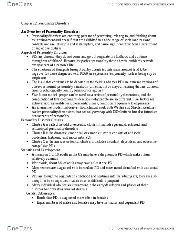 PSY 240 Chapter Notes - Chapter 12: Cluster B Personality Disorders, Antisocial Personality Disorder, Histrionic Personality Disorder thumbnail